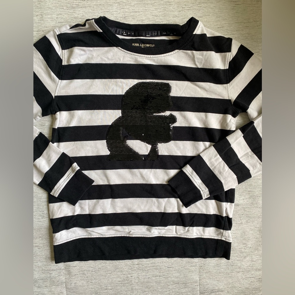 Karl Lagerfeld Paris Women's Black White Striped Knit Top Sequin Logo